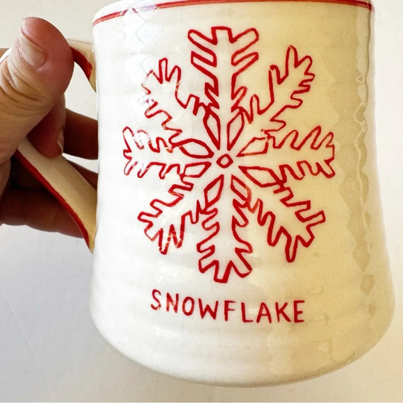 Molly Hatch Anthropologie Snowflake Coffee Mug Pottery Cream Red Winter Vibes - Picture 10 of 11